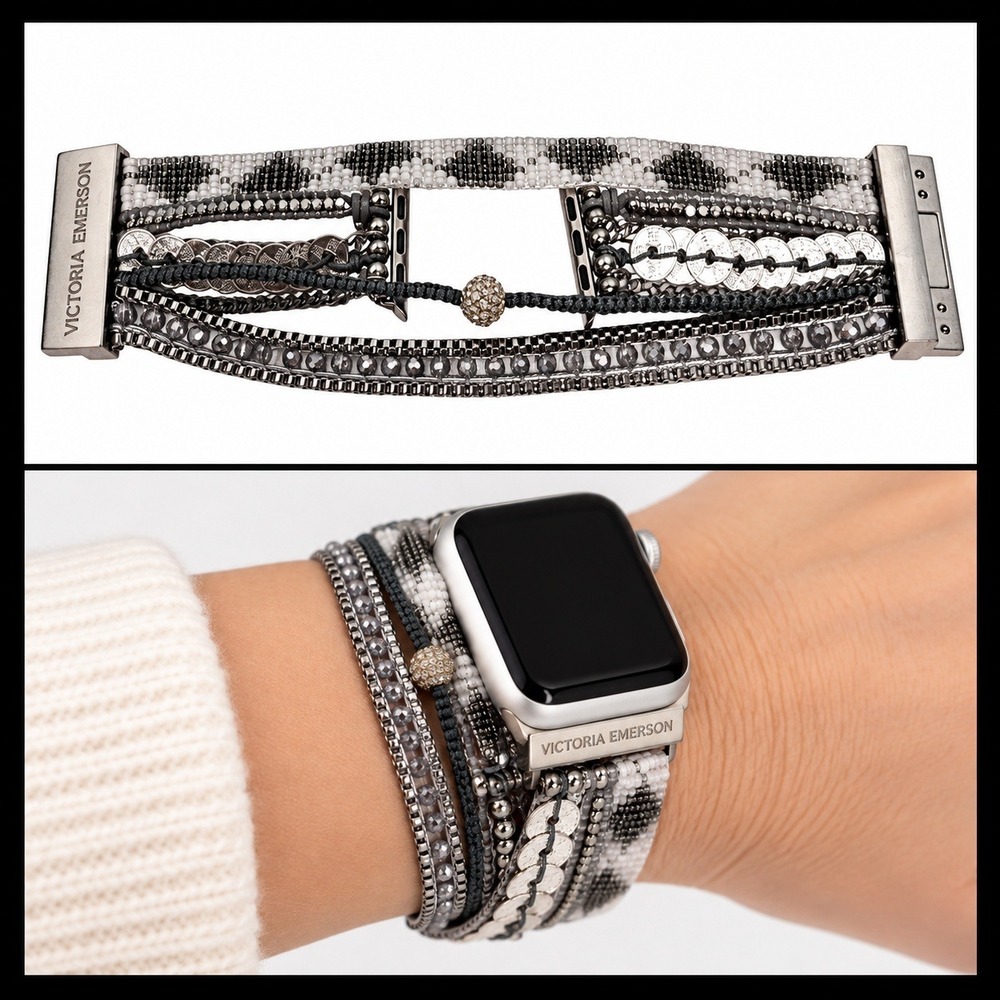 Victoria Emerson Boho Multi-Strand Apple Watch Band Grey Silver Beaded Magnetic